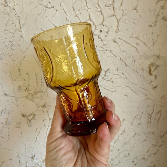 Vintage Amber Glass Goblets Set of 6 Floral Pressed Glass Mid Century A - Picture 5 of 10